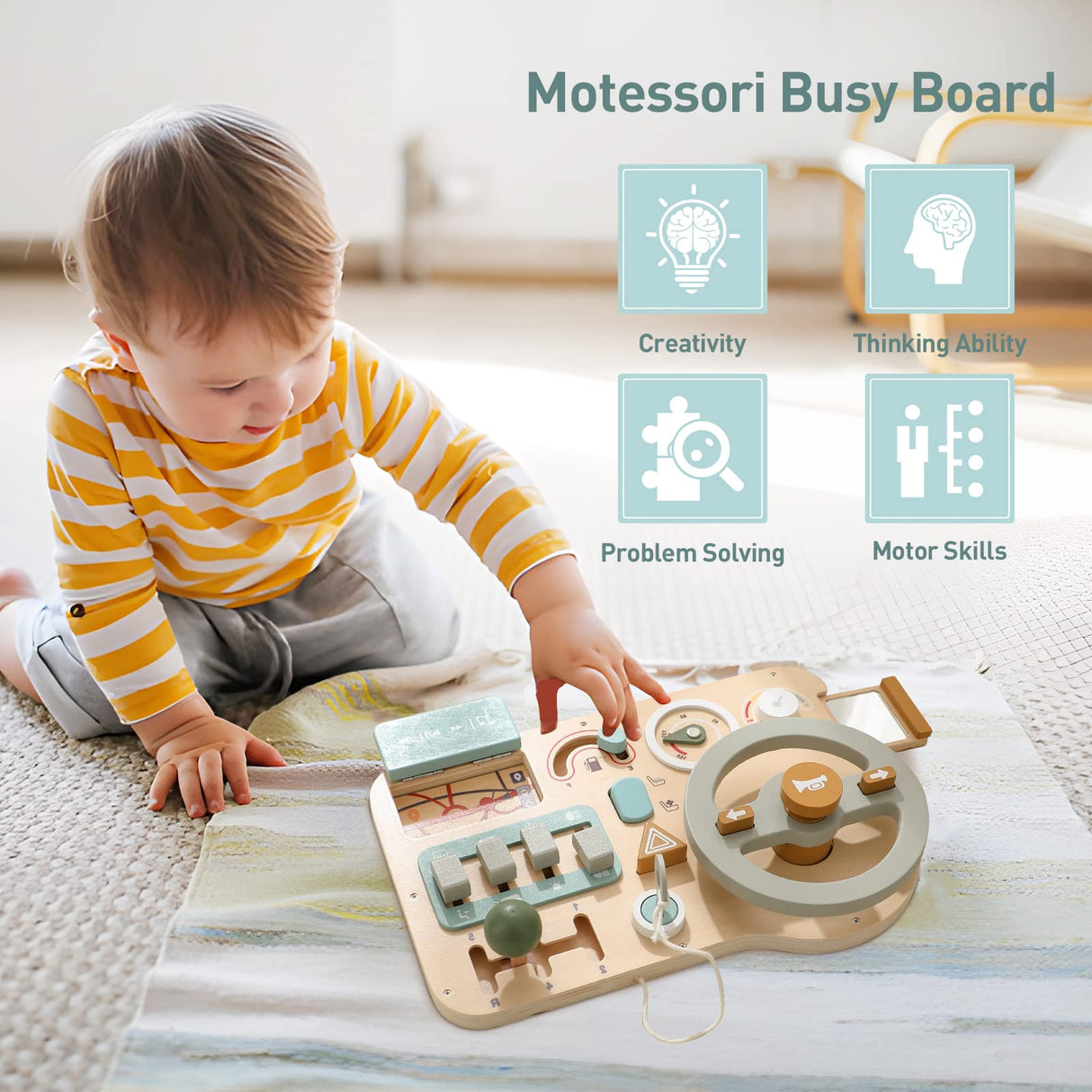 Busy Board - Montessori Toy Wooden Car Steering Wheel Busy Board Toddler Sensory Toys - Activity Board for Toddlers - Kids Educational Activities Promotes Fine Motor Basic Skills Toys - Kids Gifts Mamimami Home