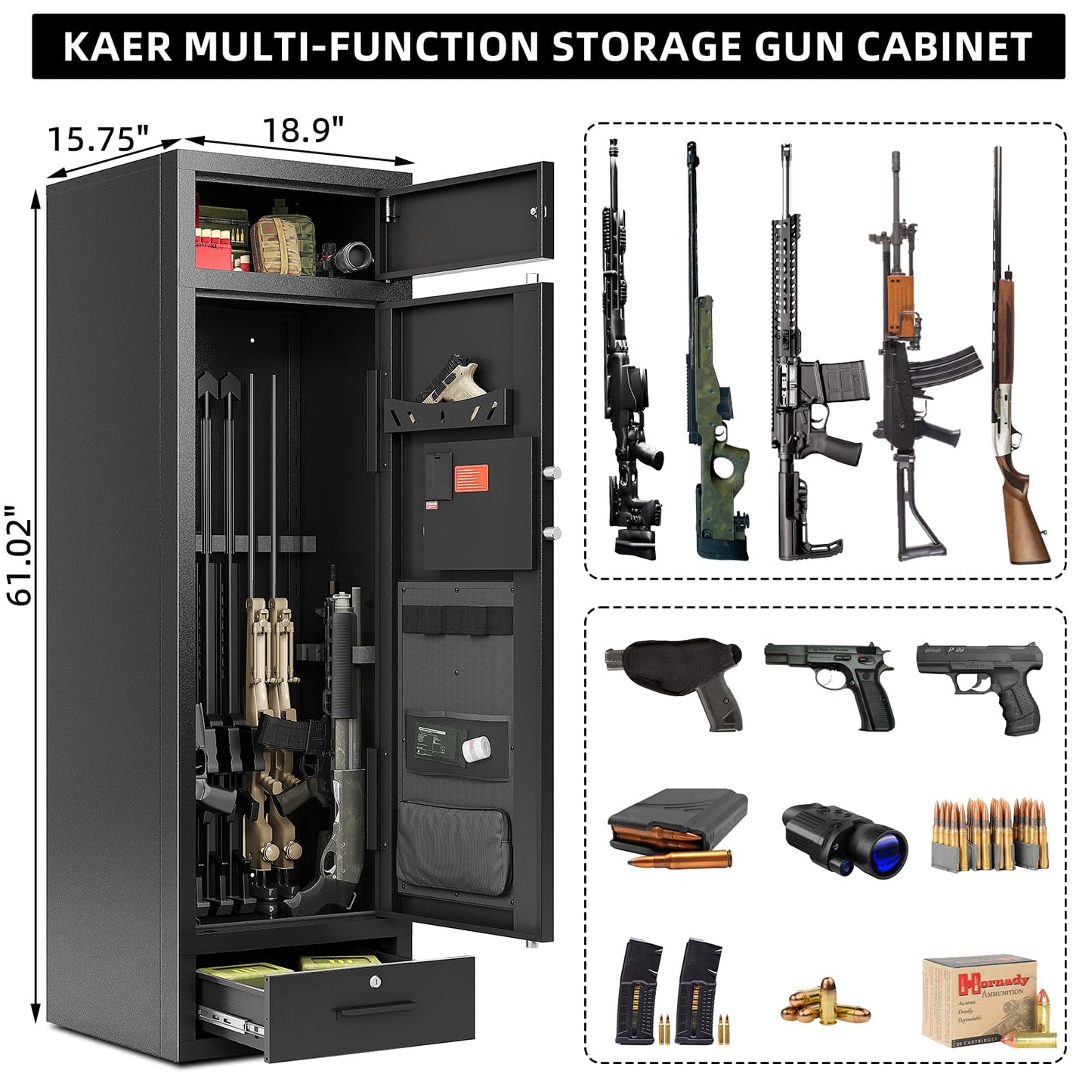 KAER 8-10 Gun Safe Rifle Safe,High Capacity Gun Cabinet for Home Rifle and Pistols,Heavy Duty Anti-Theft Long Gun Safes for Shotguns with Handgun Rack,Drawer,Magnetic Lamp (Unassembled)