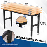WORKPRO Adjustable Garage Workbench, 60x24 Rubber Wood Top Heavy-Duty Work Desk with Power Outlets, Leveling Foot, 5 Heights, 1500 LBS Load Capacity Work Benches for Garage, Workshop, Office, Home WORKPRO