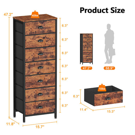 Furnulem Dresser with 7 Drawers,Tall Chest of Drawers Industrial Fabric Dresser for Bedroom,Vertical Storage Tower Bedside Furniture in Living Room,Closet,Entryway-Sturdy Steel Frame(Rustic Brown) Furnulem