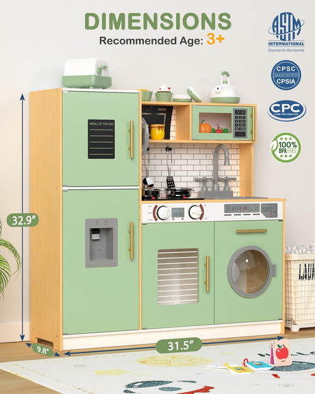 Babytronic Wooden Kitchen Playset for Kids, Interactive Play Kitchen with Lights & Sounds, Children Pretend Toy Kitchen Set with Faucet, Oven, Microwave, Kitchenware for Toddlers Ages 3+ (Green&Wood) Babytronic