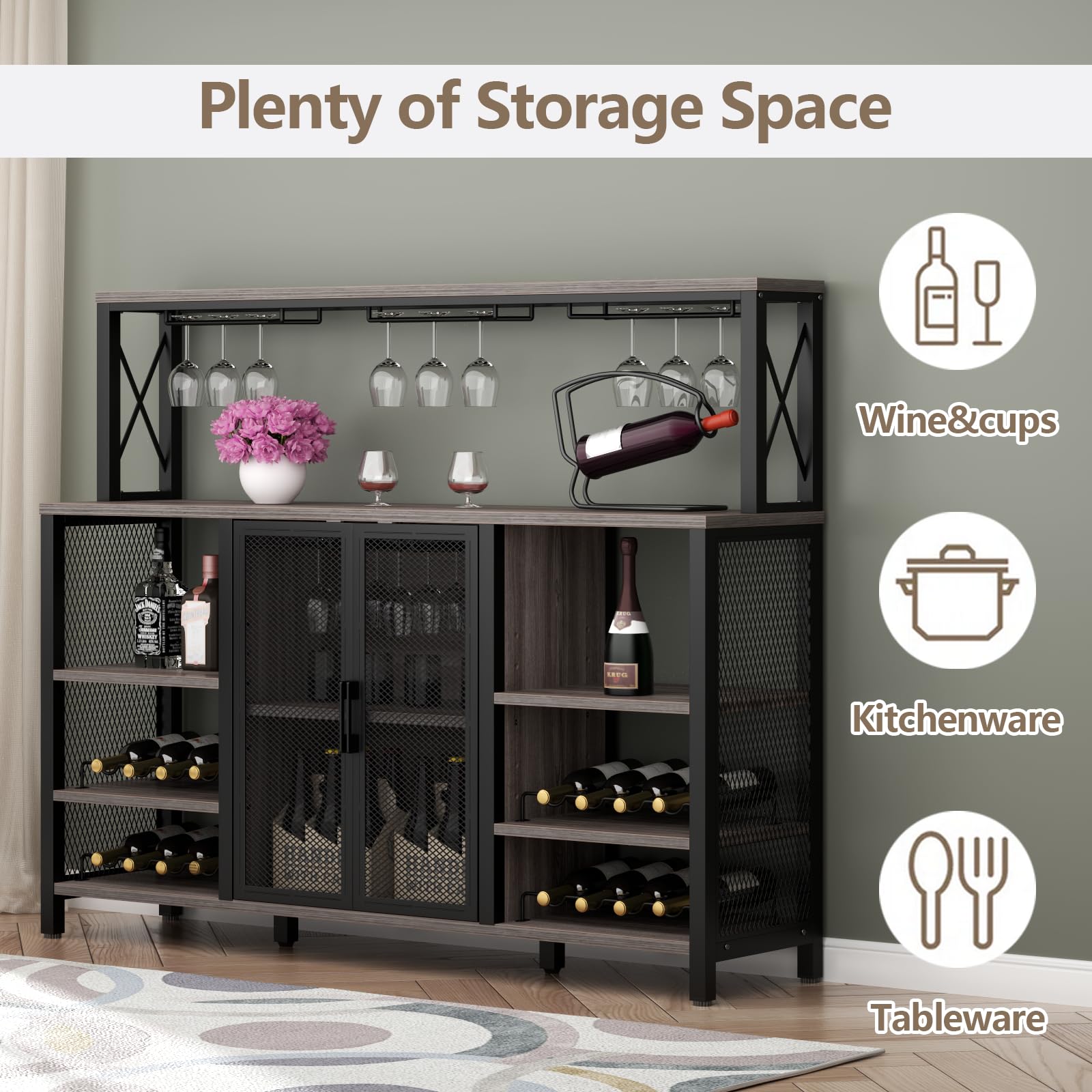 Gyfimoie Wine Bar Cabinet, 55 Inches Industry Coffee Bar Cabinet with Wine Rack and Glass Holder, Kitchen Sideboard Buffet Cabinet with Wine Rack Storage for Liquor and Glasses (Rustic Grey) - WoodArtSupply