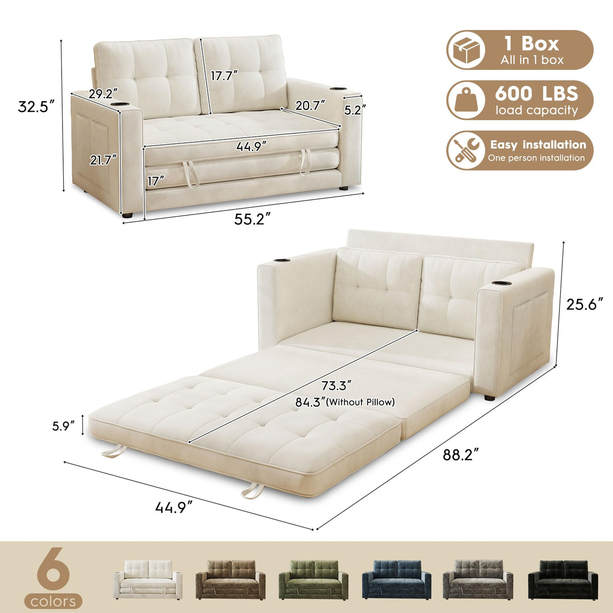 55" Convertible Folding Sofa Bed, Pull Out Couch Love Seat Sleeper Bed, Small Fold Out Loveseat Sleeper with Cup Holder and Pillow for Small Space, Bedroom Lounge, Dorm, Living Room(Beige Chenille) Urhanherry