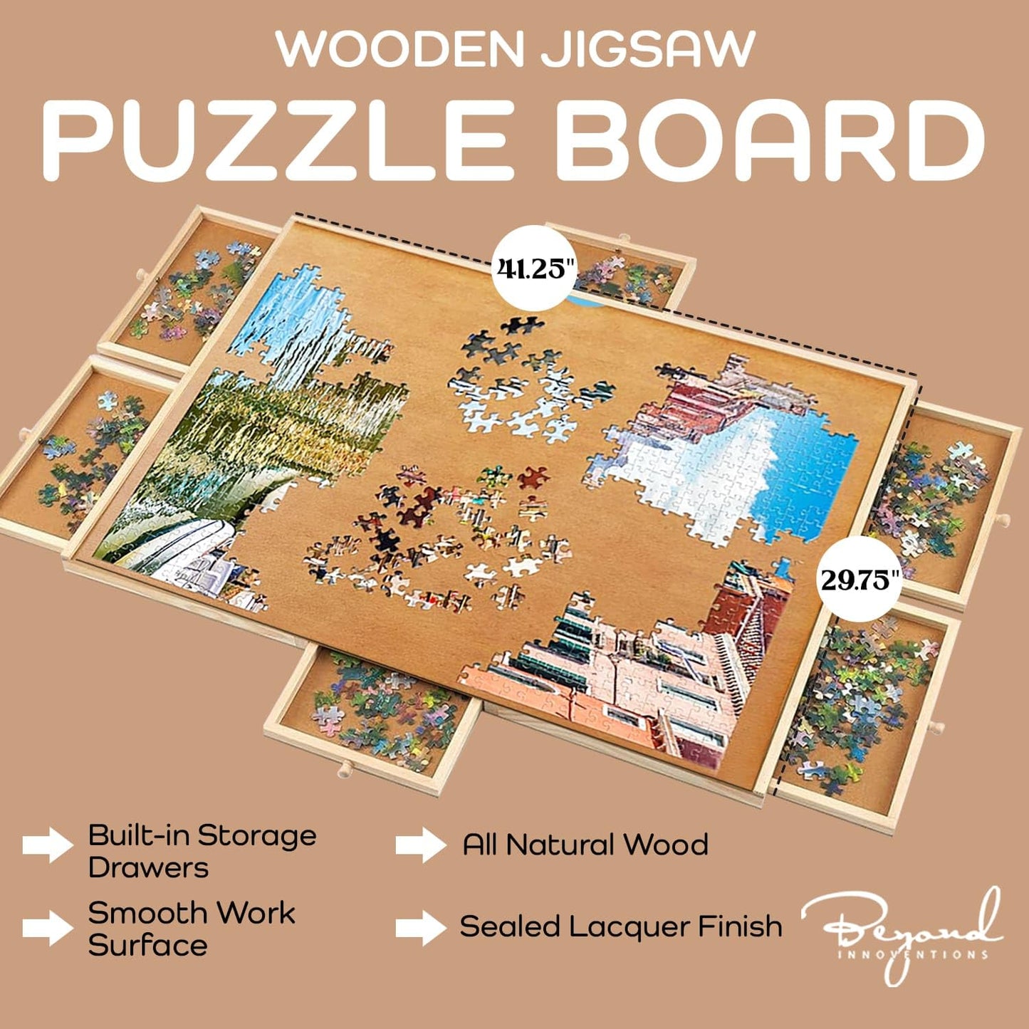 2000 Piece Wooden Jigsaw Puzzle Board -6 Drawers, Rotating Puzzle Table | 41.5” X 30” Jigsaw Puzzle Table | Puzzle Cover Included - Portable Puzzle Tables for Adults and Kids by Beyond Innoventions