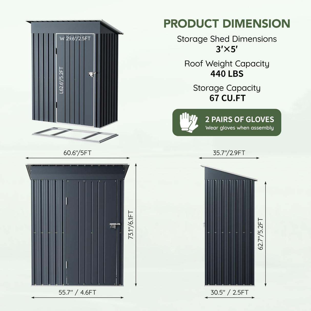Grovellis 3x5 FT Outdoor Metal Storage Shed with Floor Frame, Single Door, 1 Clear Window, Tool Shed for Garden, Patio, Backyard Grovellis