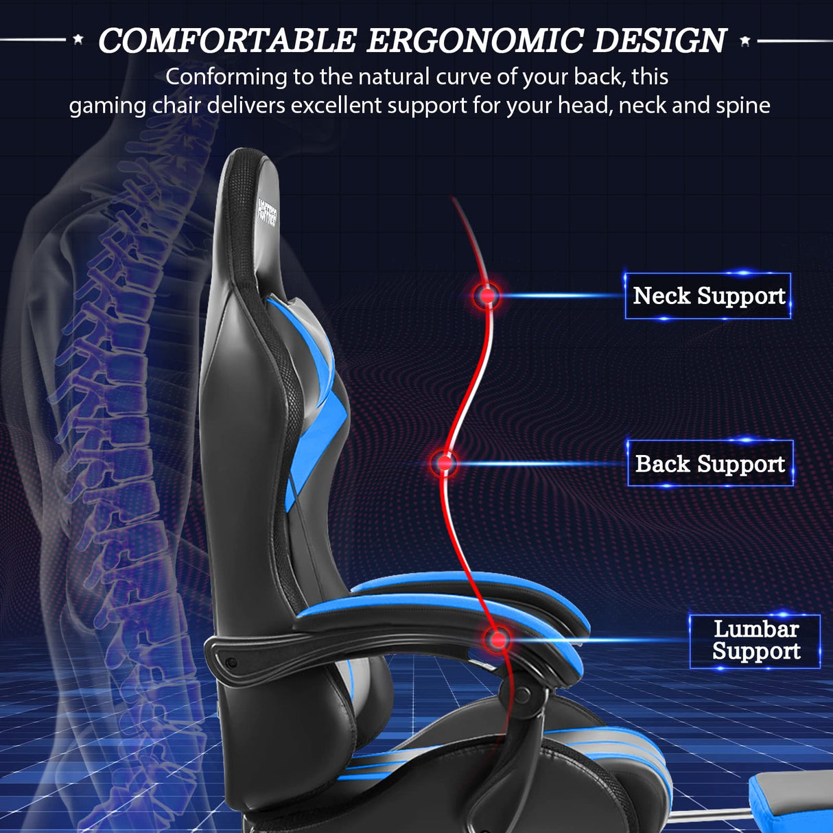 HOFFREE Gaming Chair with LED RGB Lights with Massage and Footrest Ergonomic Computer Chair High Back Video Game Chair with Adjustable Lumbar Support Linkage Armrest Blue and Black HOFFREE