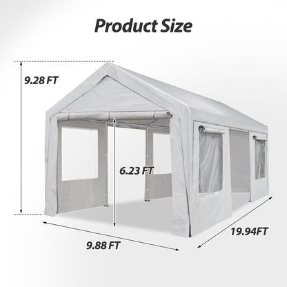 QZEN Carport 10x20ft Portable Garage, Heavy Duty Car Canopy with Roll-up Ventilated Windows & Side Doors, Car Port for SUV, F150, Car, Truck, Boat (10' x 20'White) - WoodArtSupply