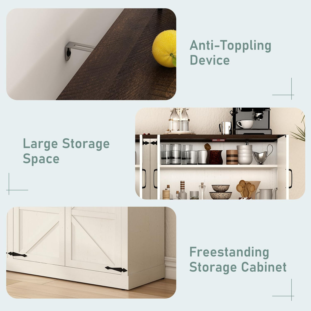 Sideboard Buffet Cabinet with Storage - 65’’ Large Farmhouse Buffet Table Coffee Bar Cabinets, Modern Accent Cabinet with Adjustable Shelf and 4 Doors, for Kitchen, Dining Room, Living Room, White chartustriable