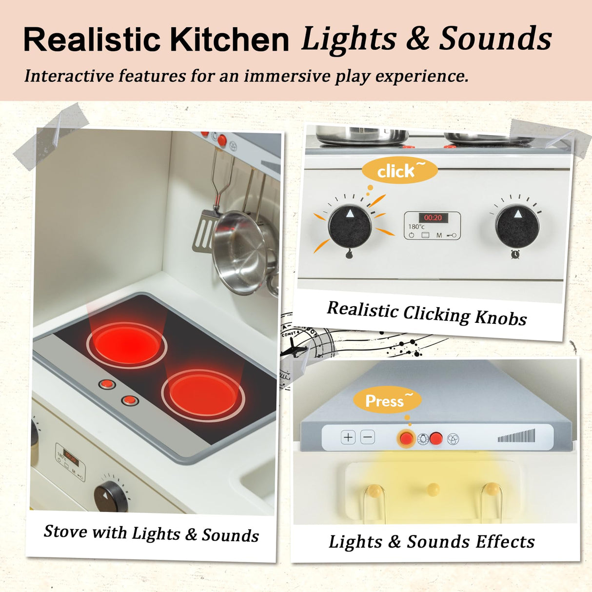 Kids Kitchen Playset, Realistic Wooden Kitchen Playset for Toddlers & Kids with Lights, Sounds & Storage, Ideal Gift for Boys & Girls deli