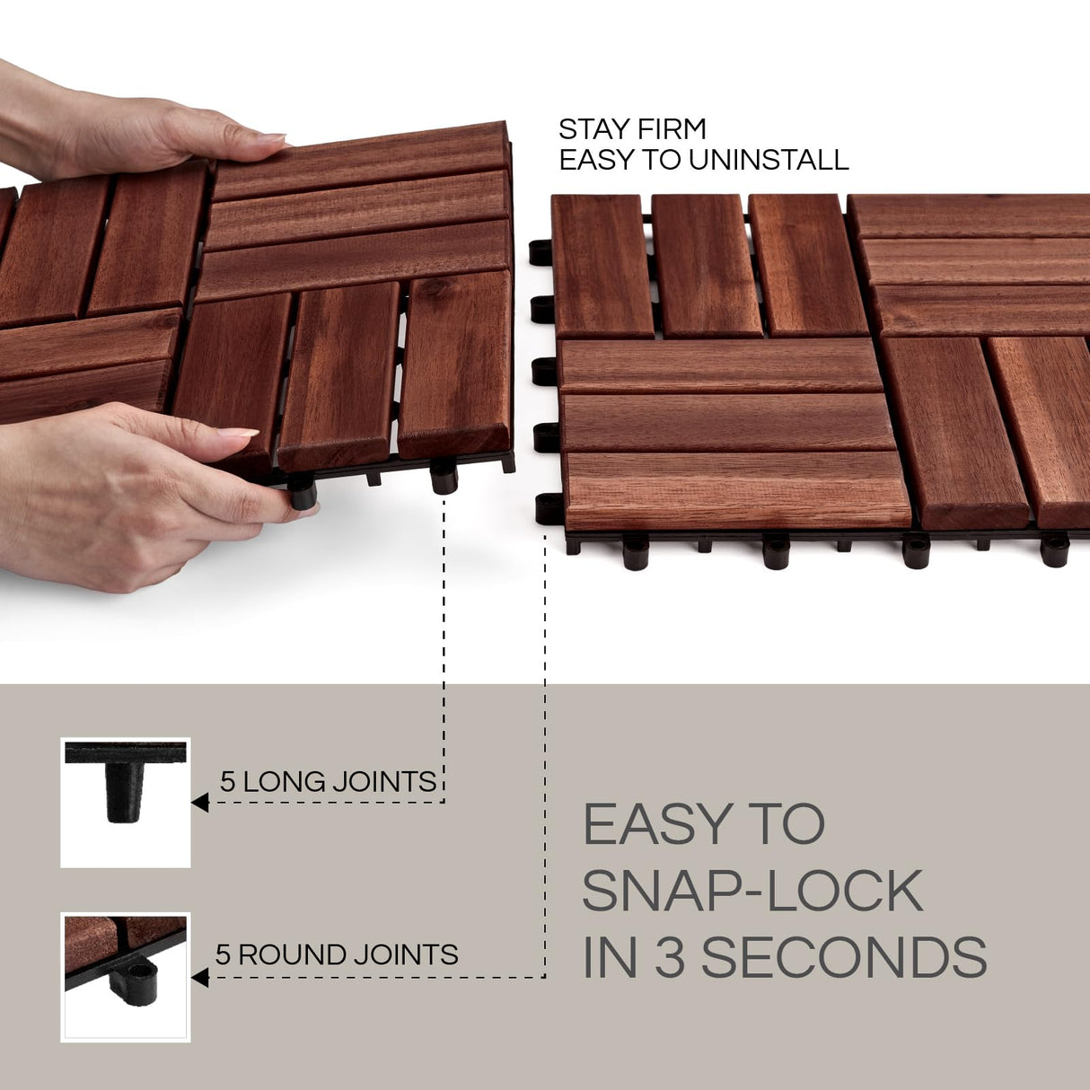 THYOI 10 Pcs Interlocking Deck Tiles 12" x 12", Patio Flooring Outdoor Waterproof, Acacia Wood Tiles All Weather, Floor Tiles for Balcony, Backyard, Indoor and Outdoor use (Round Joint, Dark Brown) THYOI