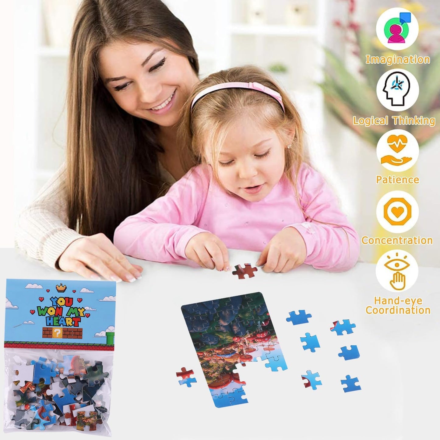 Valentines Day Gifts for Kids，24 PCS Jigsaw Puzzle with Valentines Cards for Valentine Party Favor，Valentines School Classroom Exchange Prizes Toys for Toddler Boys Girls (Ma-Rio)