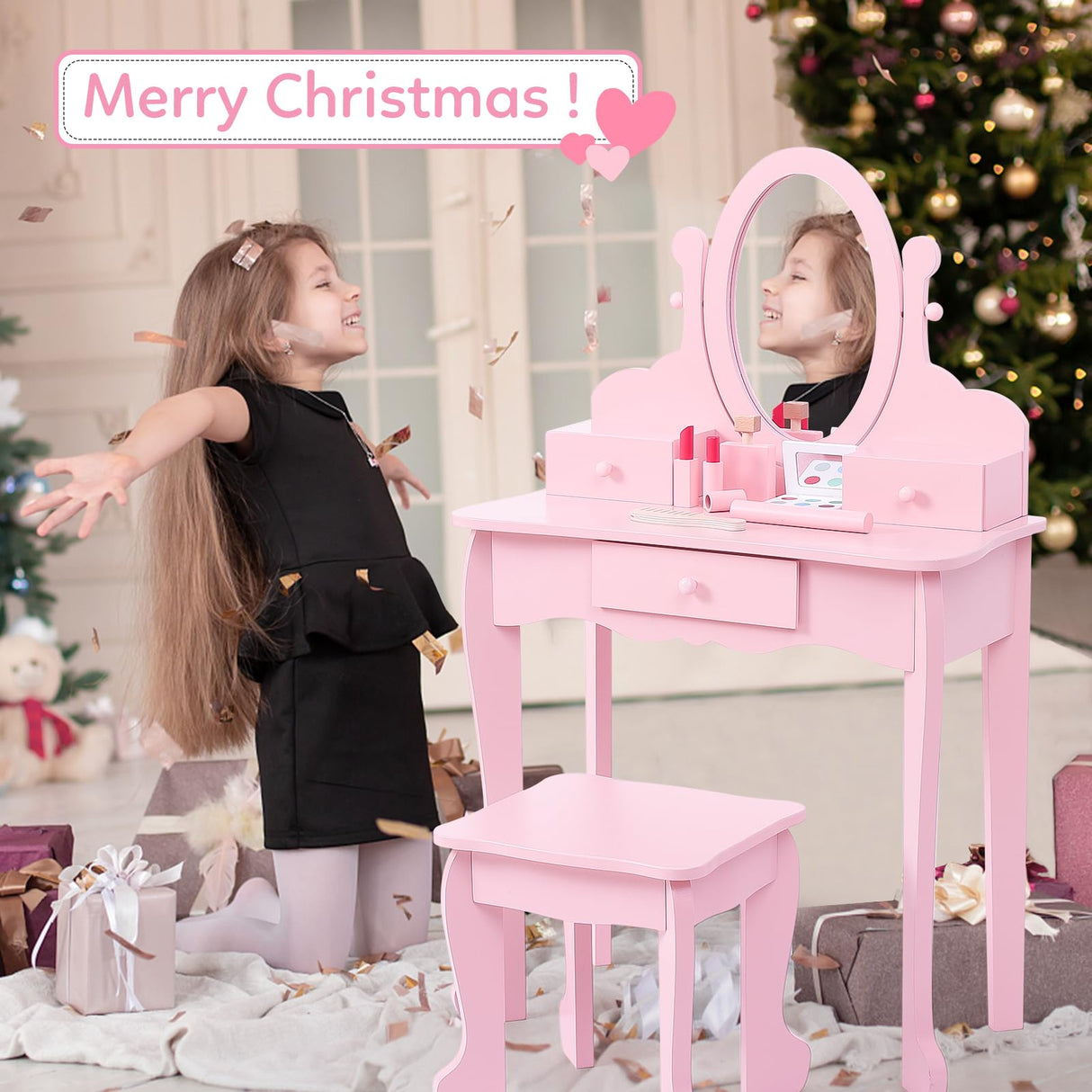 GarveeHome Kids' Vanity Set with Mirror, Makeup Table and Stool for Girls, Vanity Desk and Chair with Wood Makeup Playset for 4-9 Girls, Pink GarveeHome