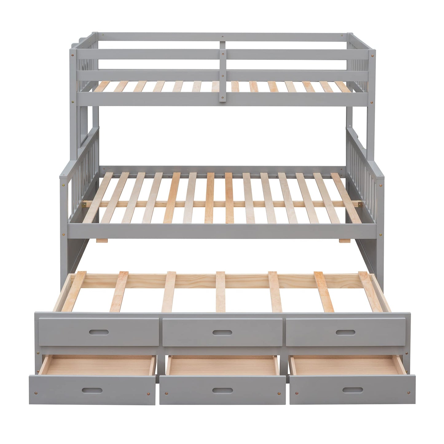 Harper & Bright Designs Grey Twin Over Full Bunk Bed with Trundle and Storage Drawers - WoodArtSupply