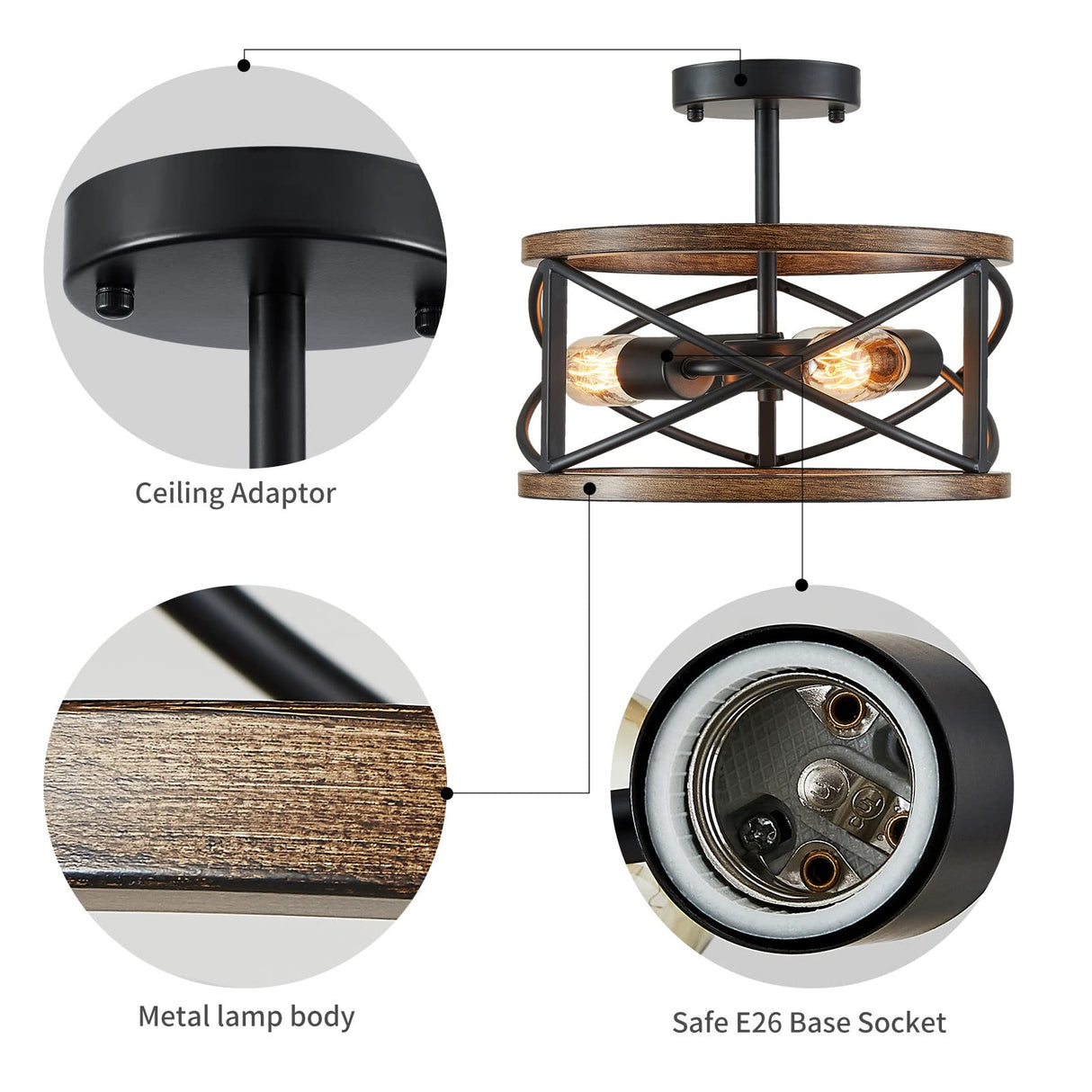 WUZUPS Chandelier 3-Light Imitation Wood Grain Vintage Farmhouse Industrial Semi-Flushmount Ceiling Light Lighting Fixture for Foyer Hallway Storage Room Kitchen Bathroom, H 9.4" W 12", Black WUZUPS