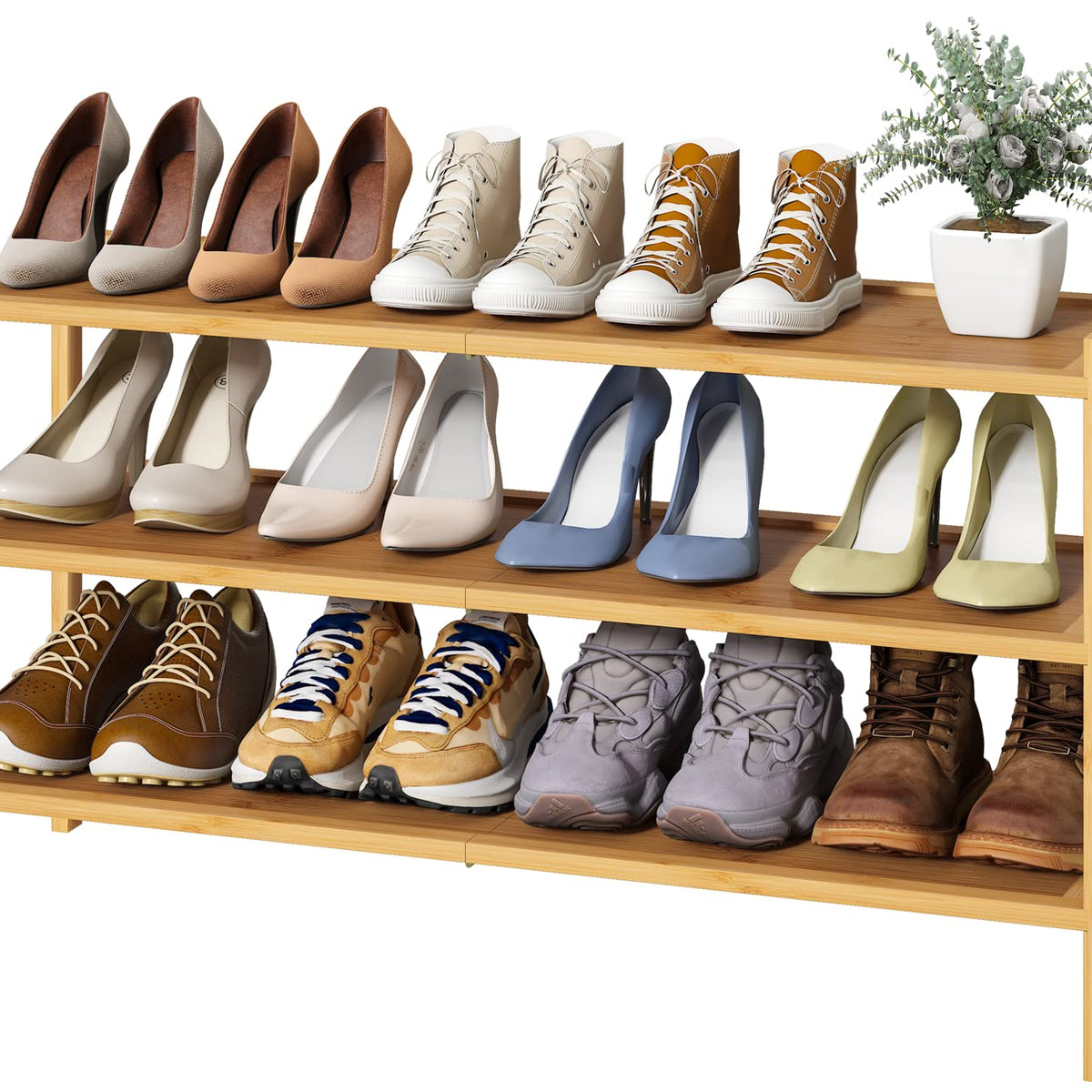 kiplant Long Shoe Rack, Bamboo Wood 3-Tier Shoe Rack for Entryway, Sta ...