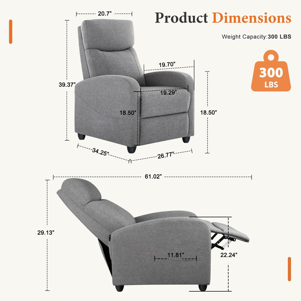 Sweetcrispy Recliner Chair Fabric Recliner Sofa No Massage, Home Theater Seating with Lumbar Support, Adjustable Push Back Overstuffed High-Density Sponge Reclining for Living Room, Slate Gray Sweetcrispy