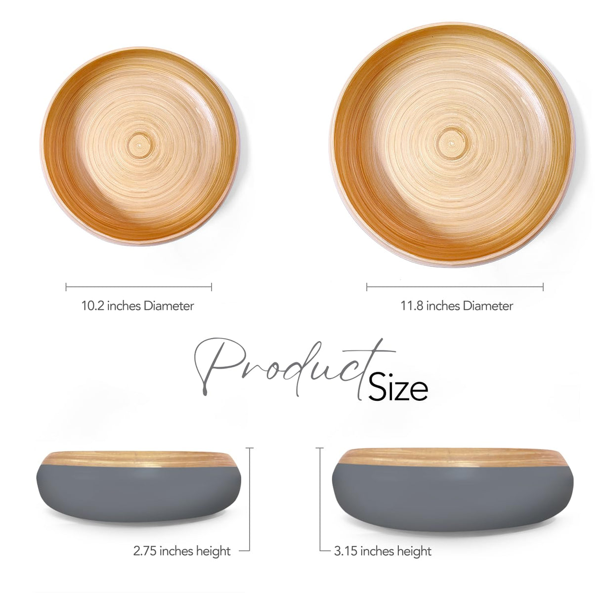 TPIA 11.81" Spun Bamboo Fruit Bowl, Bamboo fruit basket, fruit bowl for kitchen counter, Decorative Bowl,Fruit bowl,Wooden bowl,Decorative bamboo bowl,Bamboo salad bowl (Grey, Pack of 2) TPIA
