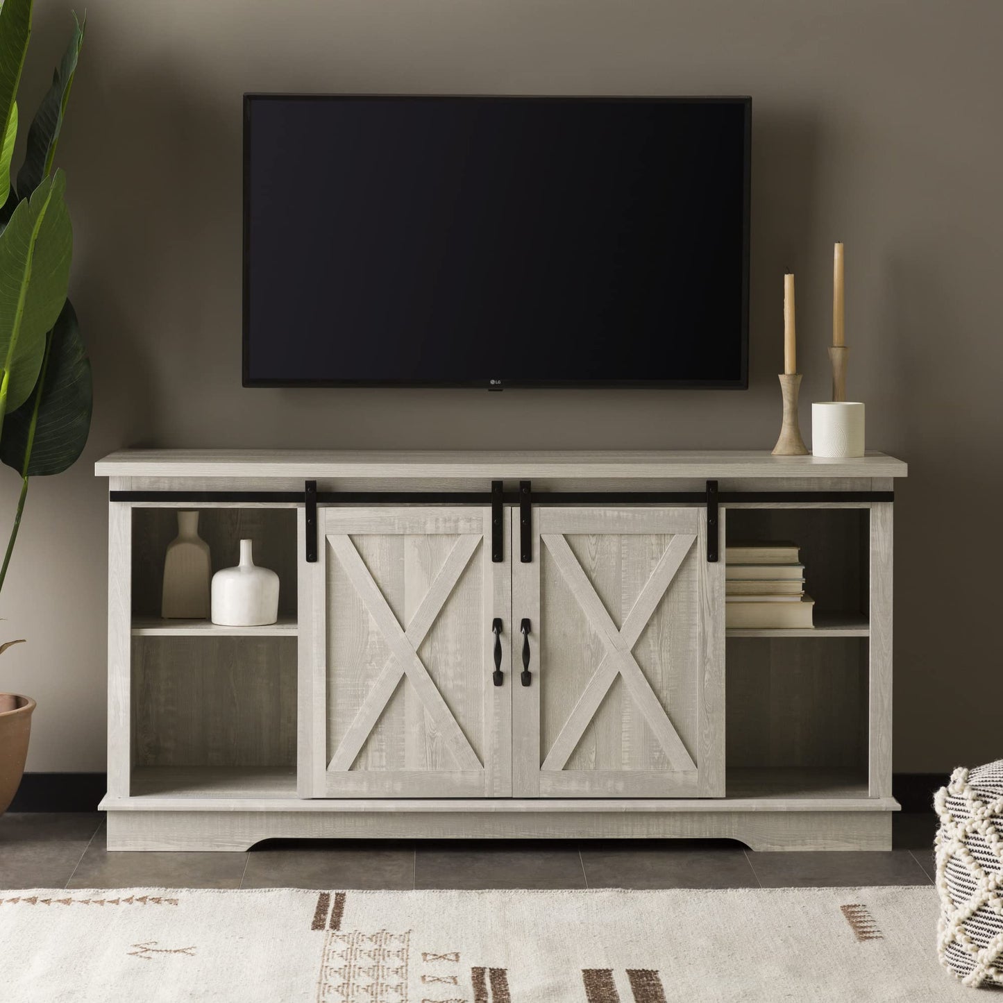 Walker Edison Richmond Modern Farmhouse Sliding Barn Door TV Stand for TVs up to 65 Inches, 58 Inch, Stone Grey - WoodArtSupply