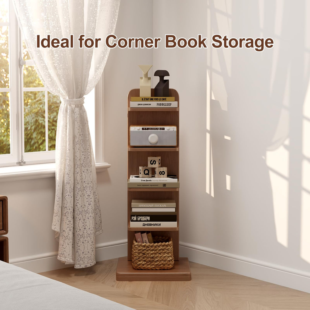 WoodsWhisper Narrow Bookshelf Ladder Bookshelf 5 Shelf Bookcase, Mid Century Modern Bookcase with Freestanding Display Shelves,Anti-tip Device and Thickened Base for Small Space,Living Room, Office WoodsWhisper