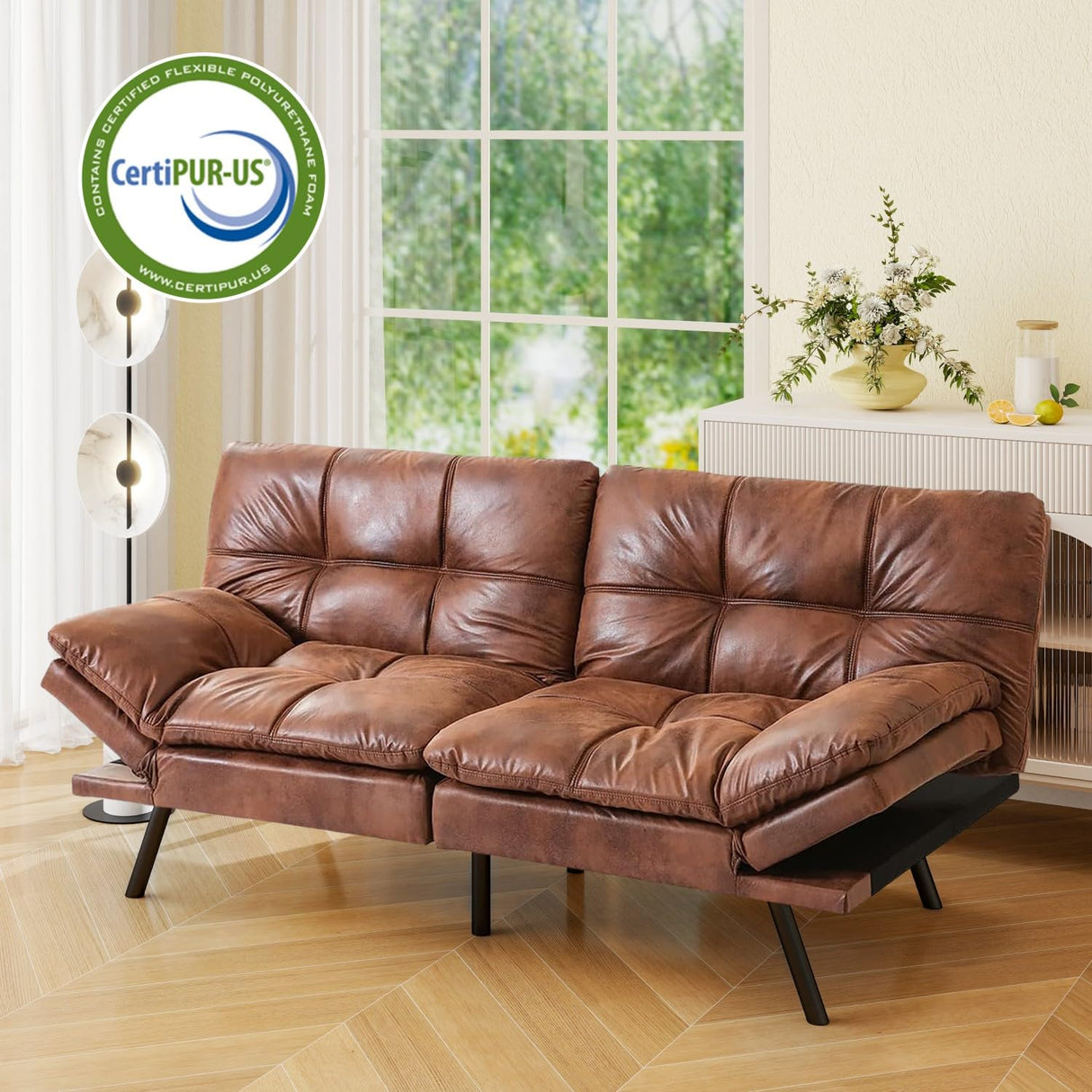 Vipbear 71" Futon Sofa Bed - Convertible Sofa Beds/Adjustable Backrest & Armrest, Comfy Loveseat Sleeper for Small Spaces, Apartments & Offices,Faux Leather Brown Futons Vipbear