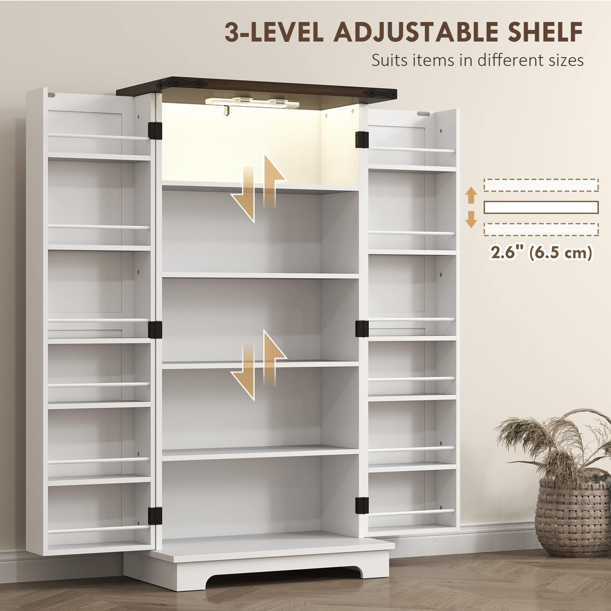 HOMCOM 47" LED Kitchen Pantry Cabinet, Farmhouse Storage Cabinet with 5 Deep Shelves and 12 Door Shelves, Freestanding Food Pantry with Barn Door, White HOMCOM