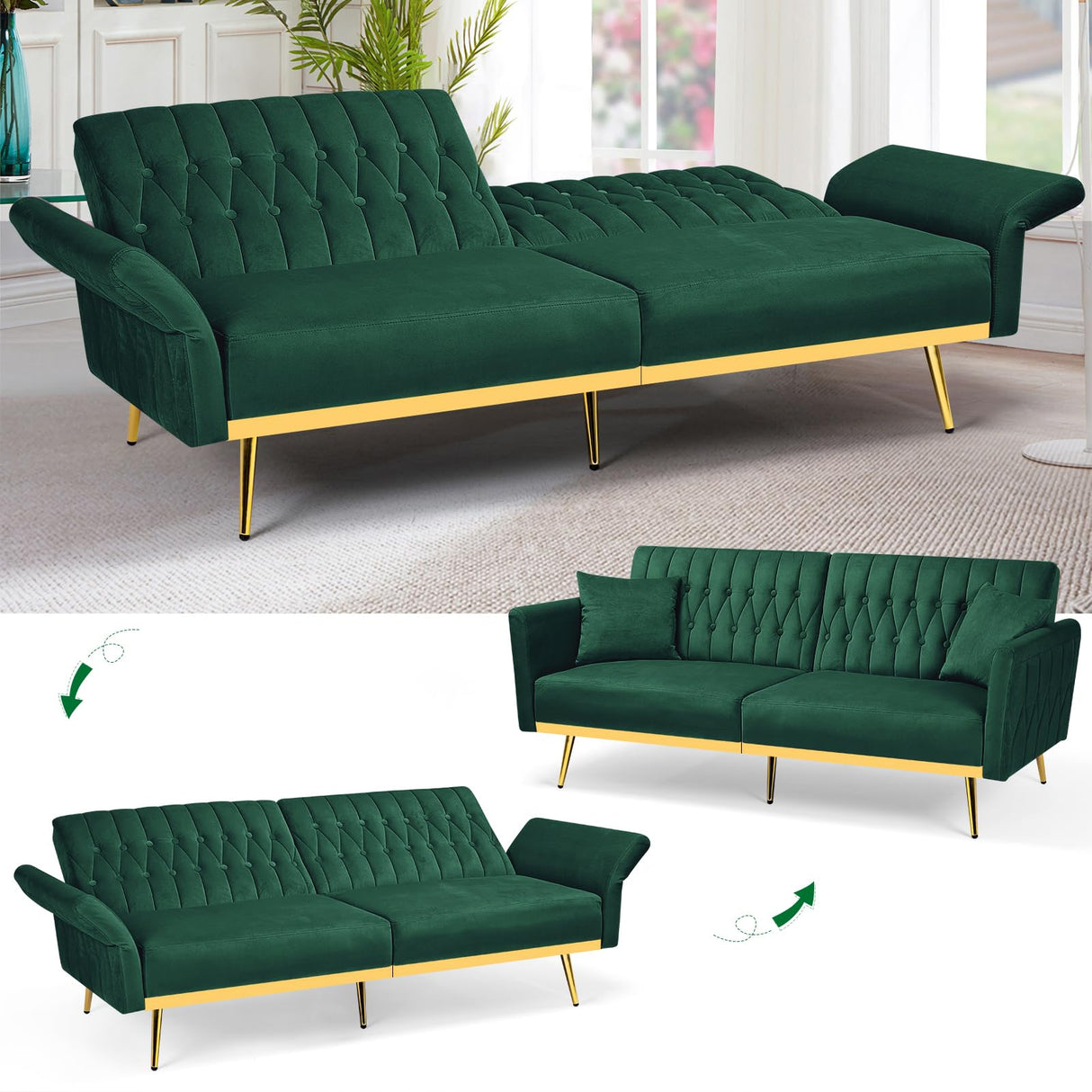 ACMEASE 70” Velvet Futon Sofa Bed w/Adjustable Backrests and Armrests, Convertible Futon Couch with 2 Pillows, Modern Tufted Sleeper Bed for Living Room, Bedroom,Green ACMEASE