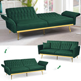 ACMEASE 70” Velvet Futon Sofa Bed w/Adjustable Backrests and Armrests, Convertible Futon Couch with 2 Pillows, Modern Tufted Sleeper Bed for Living Room, Bedroom,Green ACMEASE