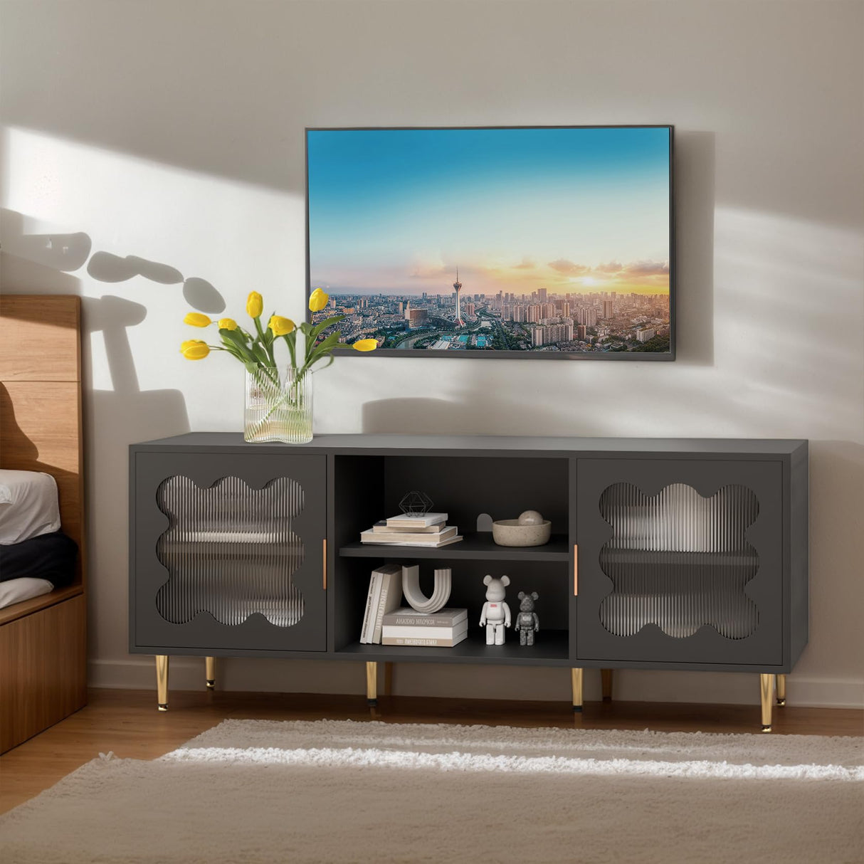 Runglecho Mid-Century Modern TV Stand and Cabinet for 65, 70 and 75 Inch Televisions, Black Glass Entertainment Center with Storage, Stylish Console Table for Living Room and Bedroom (Black) Runglecho