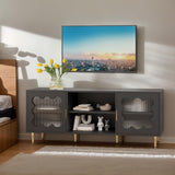 Runglecho Mid-Century Modern TV Stand and Cabinet for 65, 70 and 75 Inch Televisions, Black Glass Entertainment Center with Storage, Stylish Console Table for Living Room and Bedroom (Black) Runglecho