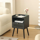 AWASEN Black Nightstand with Charging Station, Modern Bedside Table with Glass Decorative Drawer, Small End Table Side Table with 2 Tiers Storage Space, for Bedroom, Office and Small Space (Black) AWASEN