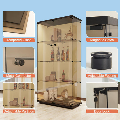 FANYUSHOW Glass Display Cabinet with 4 Shelf Double Door Curio Cabinet with Brown Glass 5mm Tempered Glass Display Case for Living Room, Bedroom, Kitechen, 64" H x 32" L x 14" W, Black FANYUSHOW