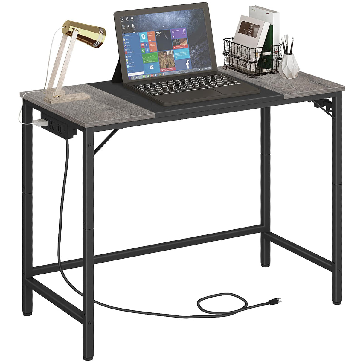 HOOBRO Computer Desk, Home Office Desk with Power Outlet, Modern Study Writing Desk with 3 Hooks for Study Room, Home Office, Sturdy and Stable, Easy to Assemble, Charcoal Gray and Black BC40UDN01 HOOBRO