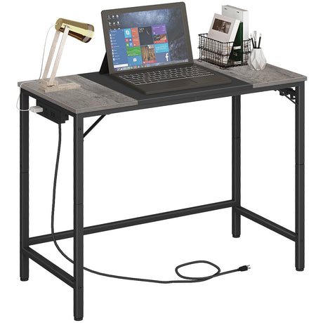 HOOBRO Computer Desk, Home Office Desk with Power Outlet, Modern Study Writing Desk with 3 Hooks for Study Room, Home Office, Sturdy and Stable, Easy to Assemble, Charcoal Gray and Black BC40UDN01 HOOBRO