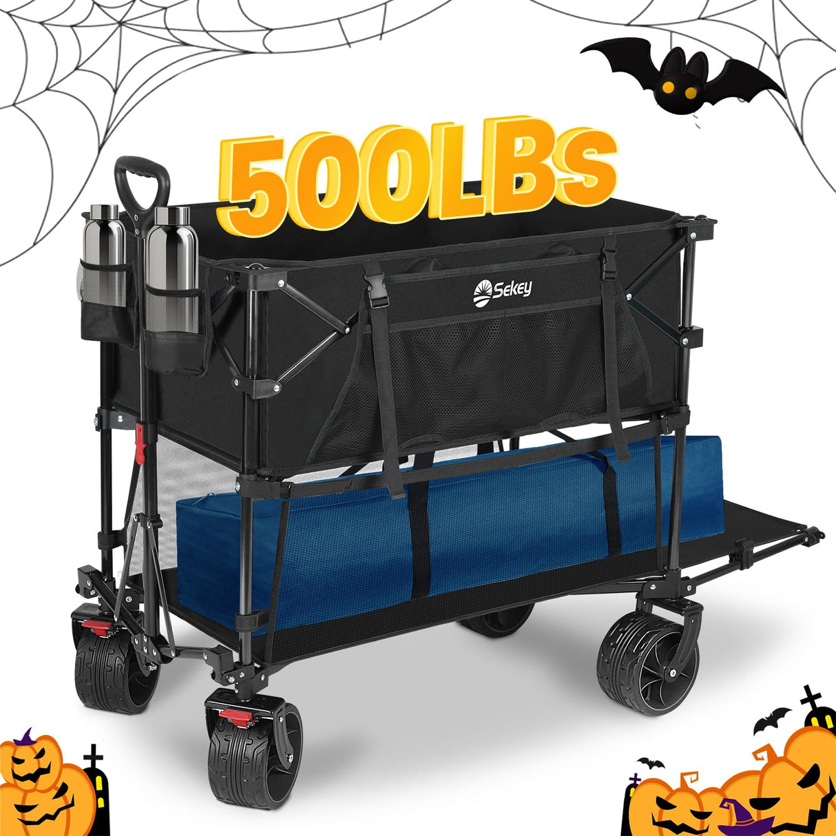 Sekey 400L Double Decker Beach Wagon 50''L Extra-Long Extended Shelf, Collapsible Wagon Cart with 500lbs Capacity, Heavy Duty Folding Wagon All-Terrain Wheels for Camping, Sports, Garden.Black Sekey