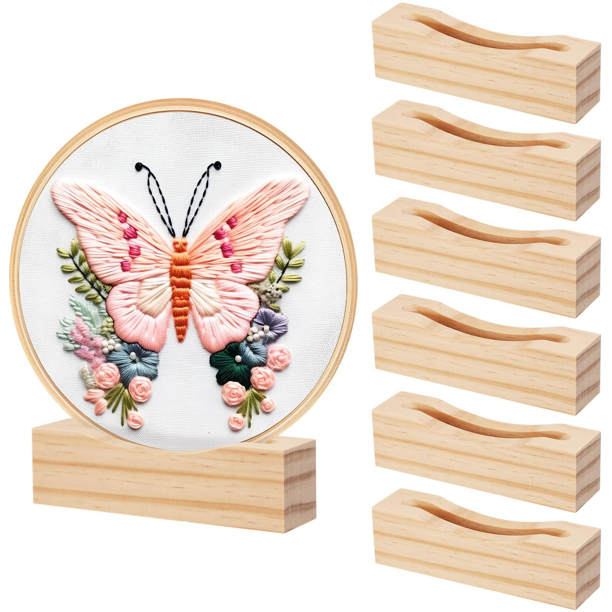 Chunful 6 Pcs Embroidery Hoop Display Stand Wooden Embroidery Frames Holder 2 Tier Groove Cross Stitch Hoop Stand Base Accessories for Display Works Home Exhibition Decor Chunful