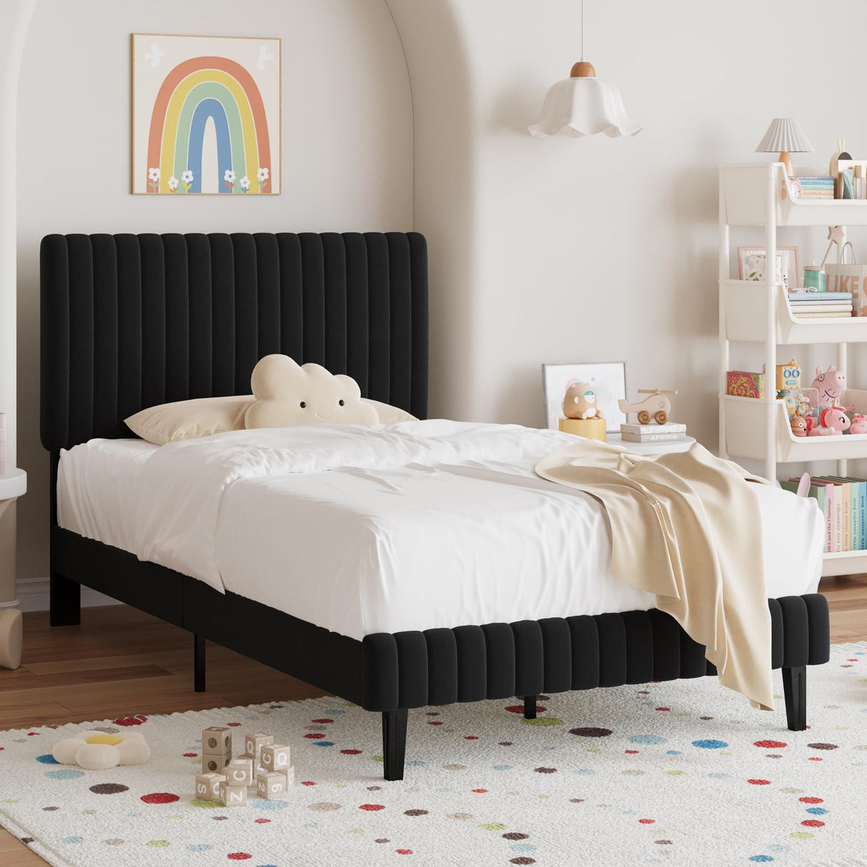 Twin Bed Frame, Velvet Upholstered Platform Bed with Vertical Channel Tufted Headboard and Footboard, No Box Spring Required, Easy Assembly, Black BarnFurin