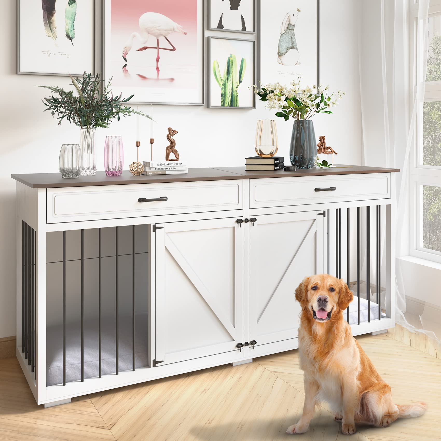 Dog Crate Furniture Indoor - Farmhouse Wooden Dog Kennel with Room Divider and 2 Drawer, Double Doors with Locks, 72”x23”x34”H, White - WoodArtSupply