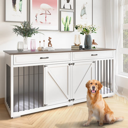 Dog Crate Furniture Indoor - Farmhouse Wooden Dog Kennel with Room Divider and 2 Drawer, Double Doors with Locks, 72”x23”x34”H, White - WoodArtSupply