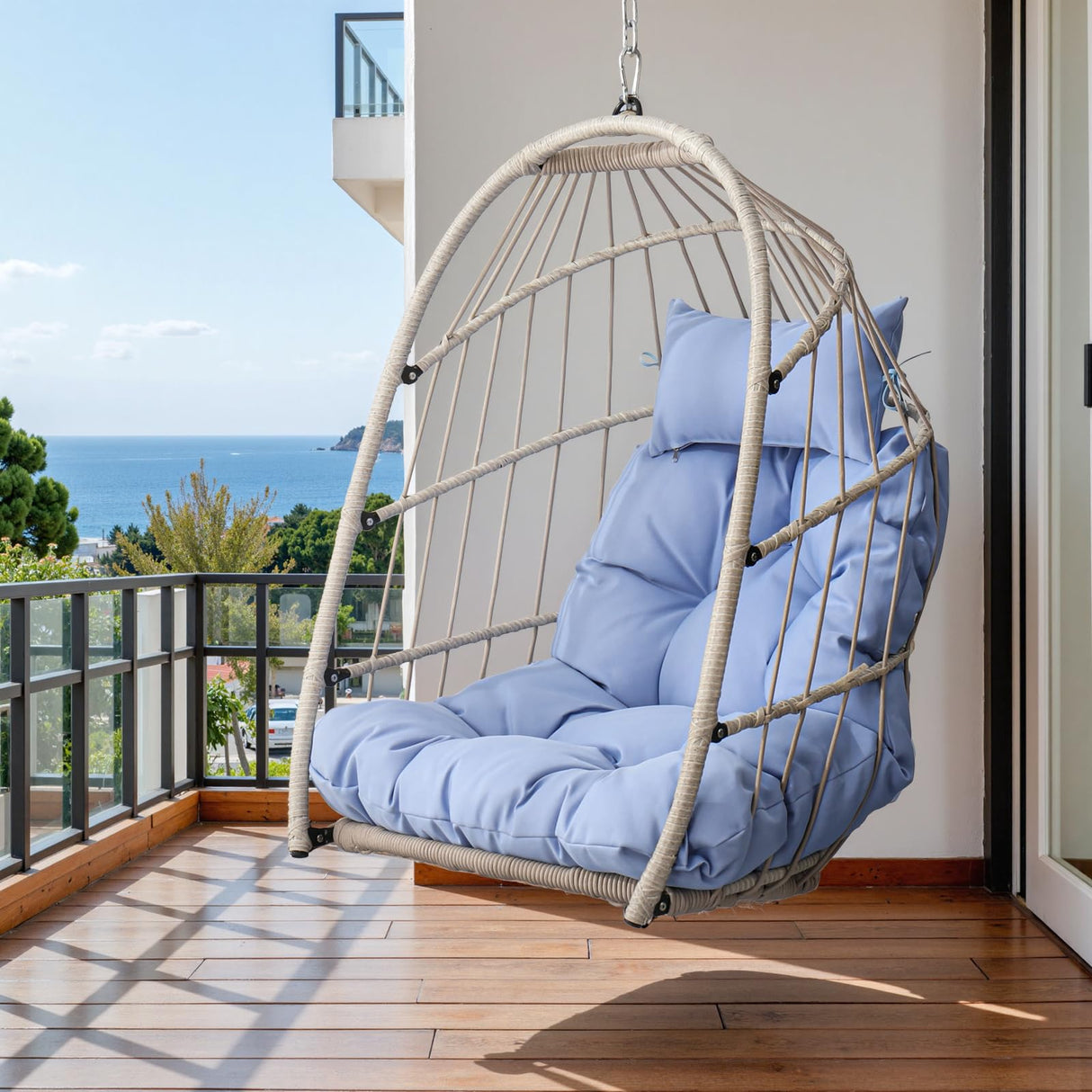 Hanging Egg Chair Without Stand, HDPE Rattan Foldable Swing Chair with Aluminum Frame & UV Resistant Cushion, Hammock Egg Basket for Indoor Outdoor Bedroom Garden, 350Lbs Capacity (Blue) DAIJIA CHINA