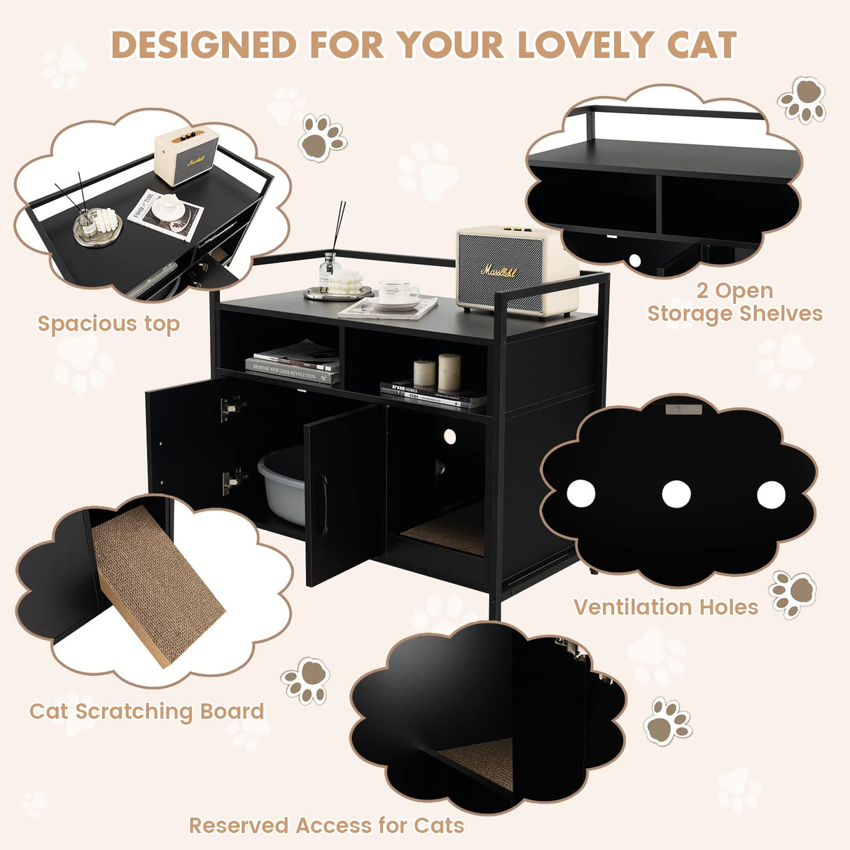 Giantex Cat Litter Box Enclosure - Cat Washroom Hidden Furniture with Front Entry, Cat Scratcher, 2-Door Storage Cabinet, 2 Compartments, Air Vents, Metal Frame, Wooden Pet Crate House (Black) Giantex