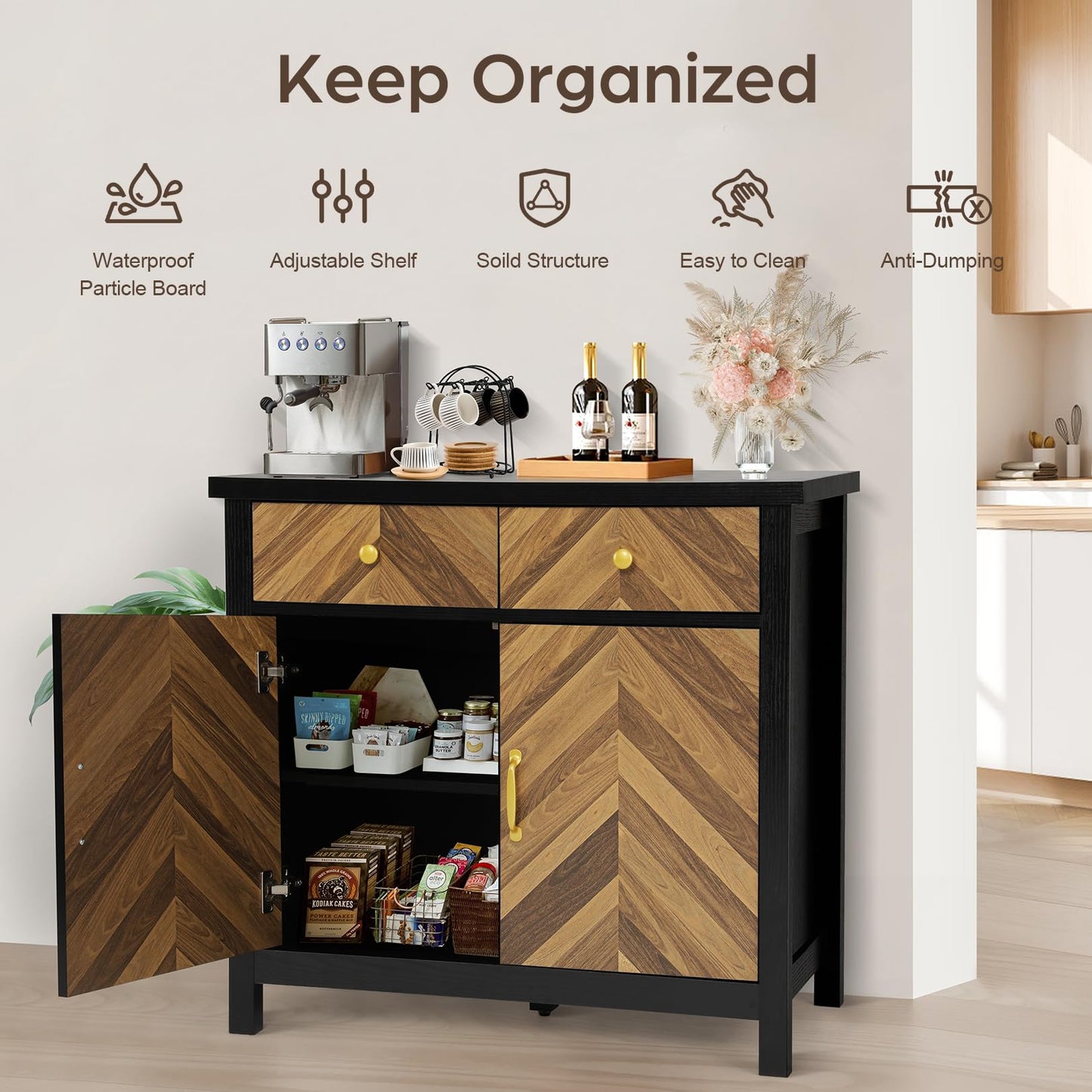 Sideboard Buffet Cabinet with Storage - Modern 35.4'' Coffee Bar Cabinet with Drawers and Adjustable Shelf, Kitchen Storage Island Wooden Storage Cabinet for Kitchen, Dining Room, Entryway