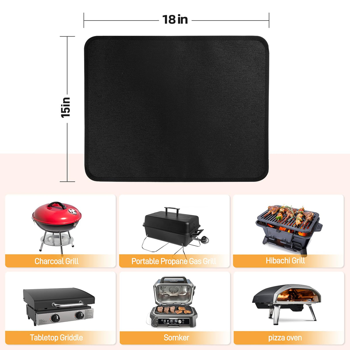 Amerbro 15 x 18 in Fireproof Grill Mats for Outdoor Tabletop Grill to Protect Your Grill Table - Heat Resistant Grill Table Mat - Waterproof & Oilproof BBQ Mat - Black (1mm) Amerbro