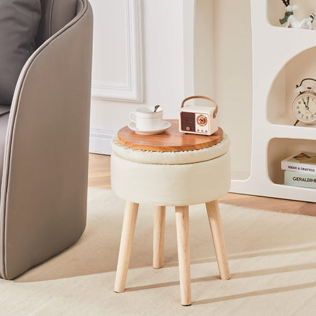 Mxfurhawa Storage Ottoman Linen Round Vanity Stool Tray Top Modern Foot Stool with Wood Legs Multifunctional Upholstered Foot Ottoman Rest for Living Room, Bathroom, Makeup (White) Mxfurhawa