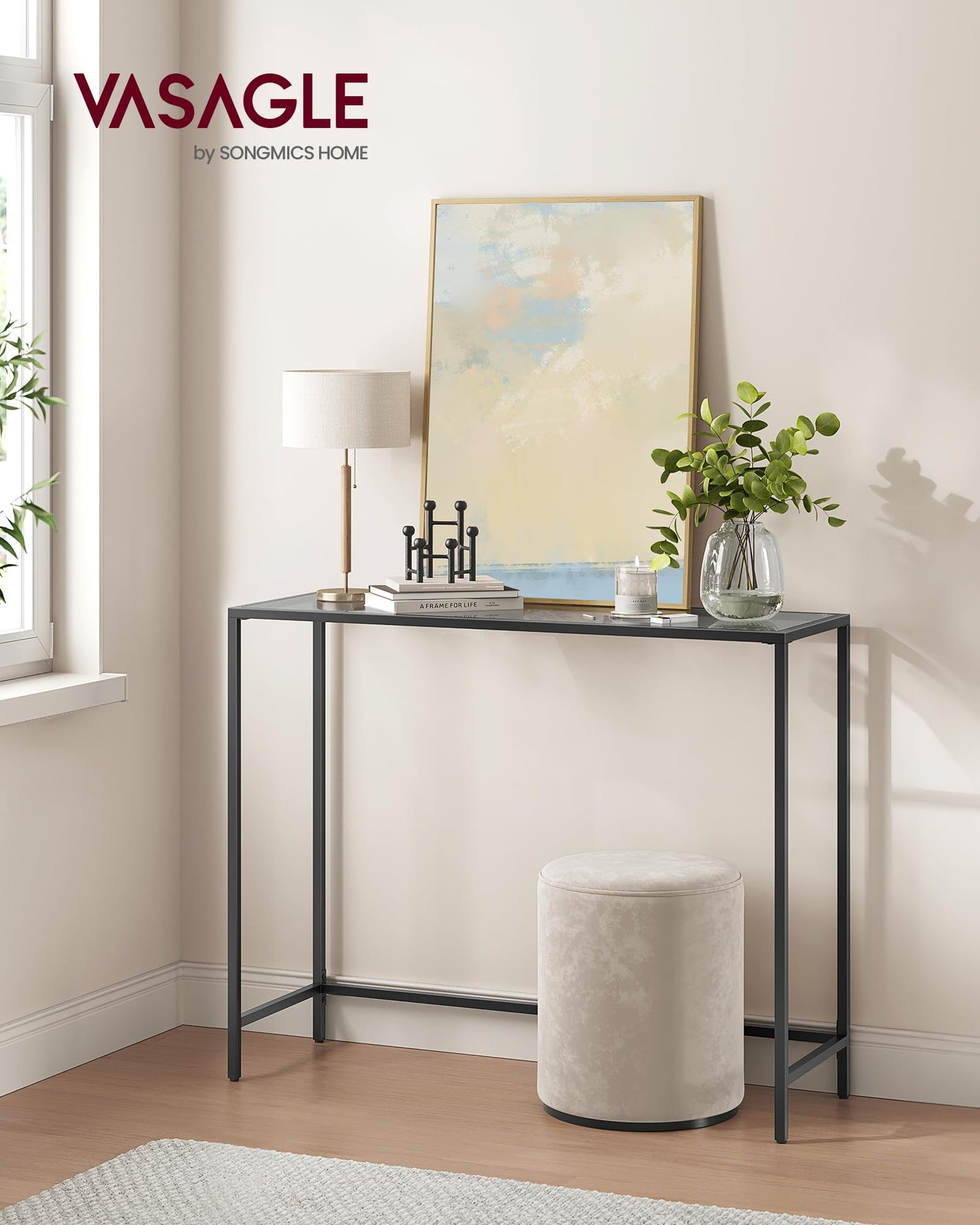 VASAGLE Entryway Table, Console Table, Tempered Glass Tabletop, Modern Sofa Table, Easy Assembly, with Adjustable Feet, for Living Room, Entryway, Ink Black and Slate Gray ULGT132B01