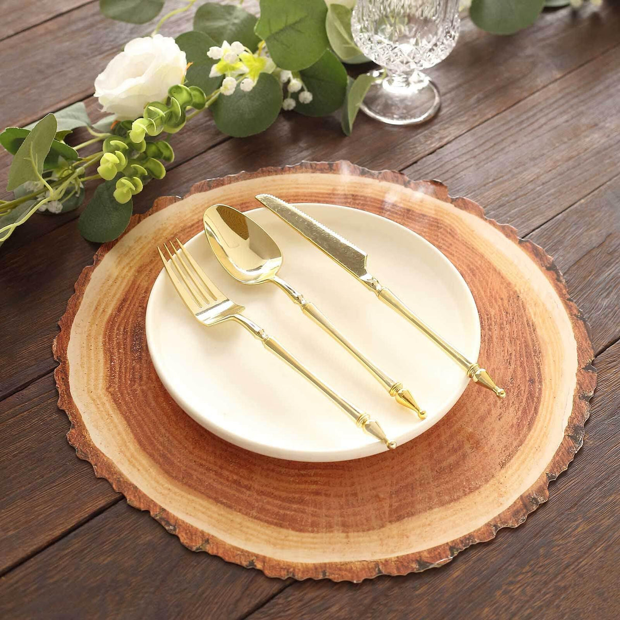 Efavormart 6 Pack | 13" Rustic Natural Wood Slice Design Disposable Serving Trays, Round Farmhouse Paper Charger Plates Efavormart.com
