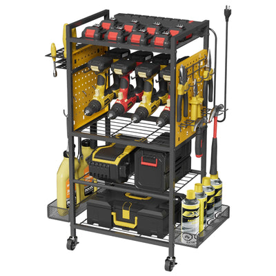 Power Tool Organizer Cart with Charging Station, Heavy Duty Garage Tool Organizer Rolling Tool Battery Storage with 8-Outlet Power Strip, 4 Wheels, 2 Hanging Baskets, 8 Hooks, Drill Bit Holder, Yellow