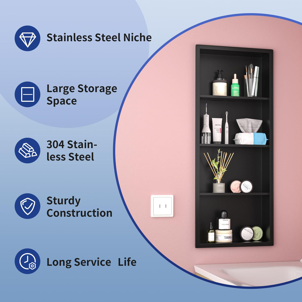 Bernkot Stainless Shower Niche 14"x 36" Matte Black with 4-Tier Shelves No Tile Needed Niche Shower for Bathroom Wall Storage Recessed Medicine Cabinet Bernkot