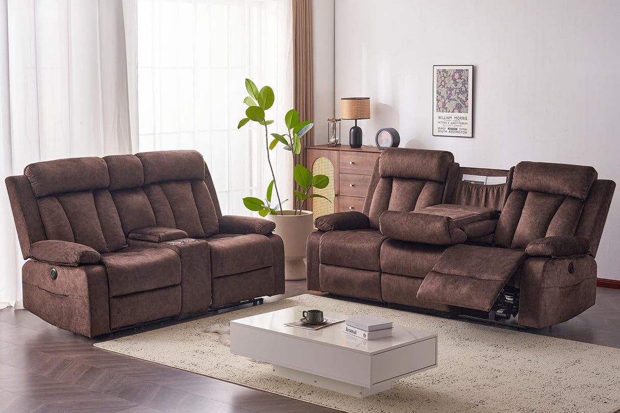 RIHEREFY Velvet Reclining Couch Set, Loveseat Recliner Sofa with Console, Cup Holder, USB & Type C, Massage & Heat, Modern Living Room Furniture, Brown, 82" W x 35.9" D x 42.5" H RIHEREFY