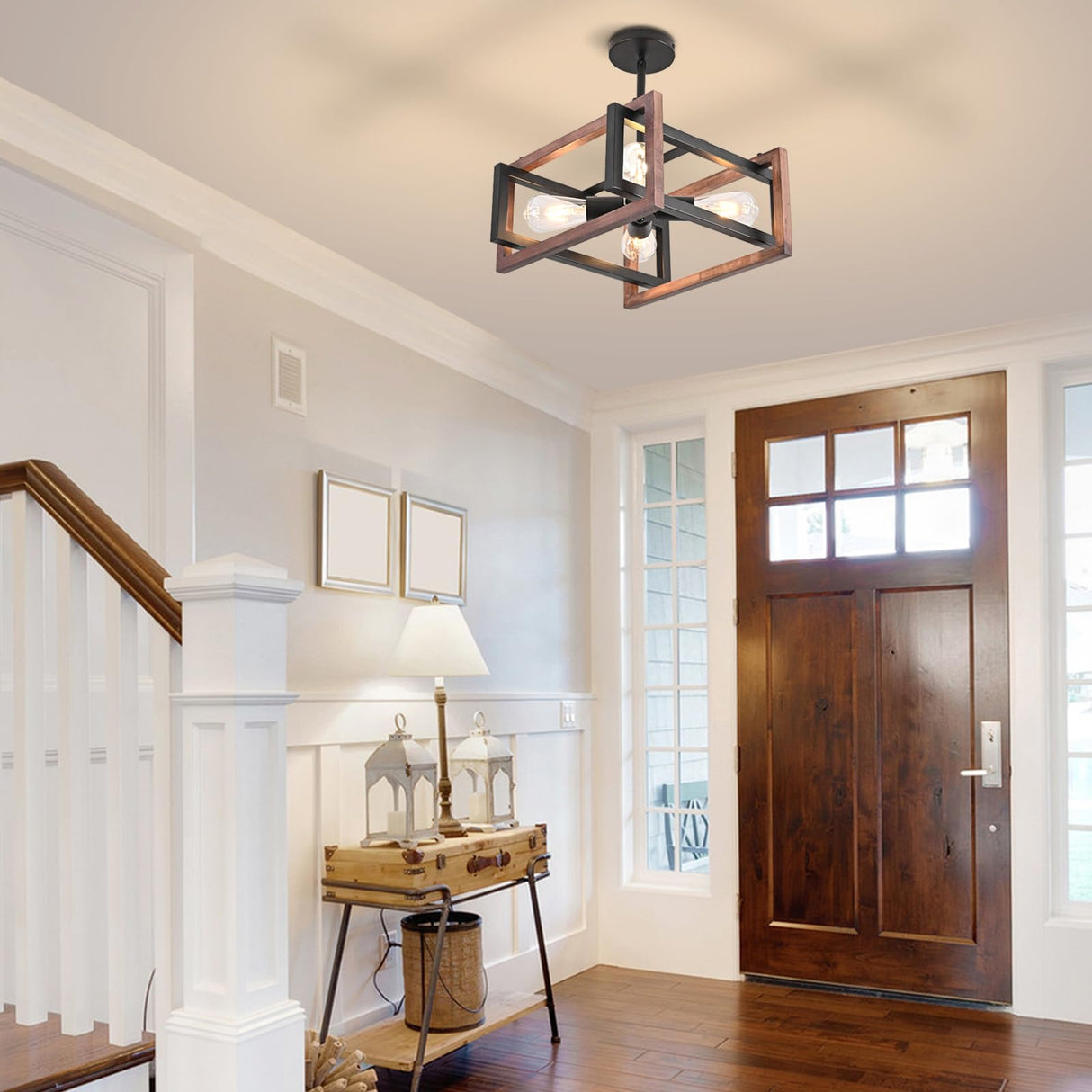 HuisMier 4-Light Farmhouse Ceiling Light Fixtures, Rustic Wood and Metal Semi Flush Mount Ceiling Light Black Industrial Chandelier for Dining Room Hallway Kitchen Entryway Bedroom Living Room HuisMier