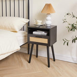 IBUYKE Rattan Nightstand, Boho Side Table with Drawer Open Shelf, Wood Accent Bedside Table, End Table with Legs for Bedroom, Living Room and Small Spaces, Black UWNS009B IBUYKE